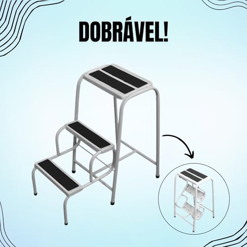 Escada Dobrável de 3 Degraus em Aço NO2PROBLEMS Estrutura Reforçada Antiderrapante e Compacto para U