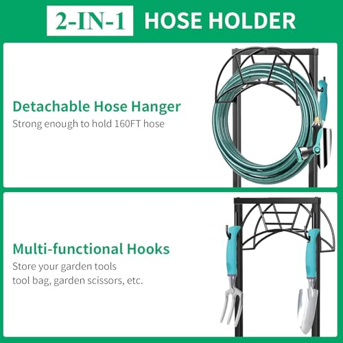 TomCare Garden Hose Holder 4 Spikes Garden Hose Reel Hose Stand Upgraded Water Hose Storage with Tool Hooks Garden Hose Hanger Organizer Holds 160ft Hoses for Outside Yard Lawn, Black by TomCare - Used condition - Image 5