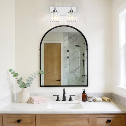 Image of Brushed Chrome Crystal Bathroom Vanity Light, 2-Light Modern Bathroom Lighting Fixtures Over Mirror,Chrome Wall Sconce Light Fixtures with Square Shade