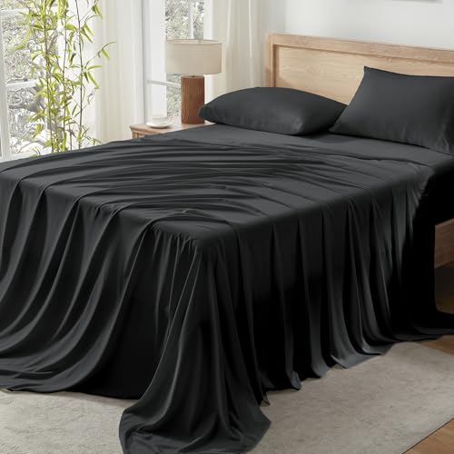 Image of Andency Black Queen Sheets Set 100% Viscose Derived from Bamboo | Cooling Summer Sheets, Deep Pocket Up to 16 inch, Silky Soft Hotel Luxury Breathable Bedding Sheets & Pillowcases