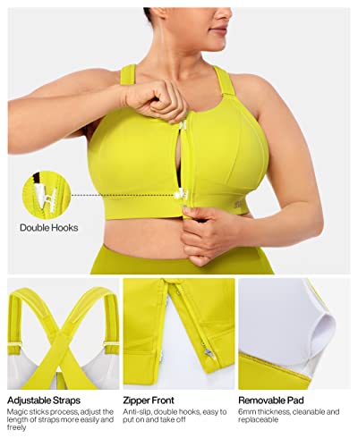 Vfus Zip Front Adjustable High Impact Sports Bras For Women Premium Quality Full Coverage Workout Running Removable Pads (Small, Highlight Yellow) #TOP2