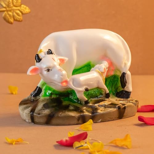 Image of Kamdhenu Cow and Calf Idol - 6 Inch Polyresin Marble Finish Gau MATA Murti | Vastu Statue for Home Temple Pooja Diwali Gift Showpiece Decor, Multicolor (COW-02)