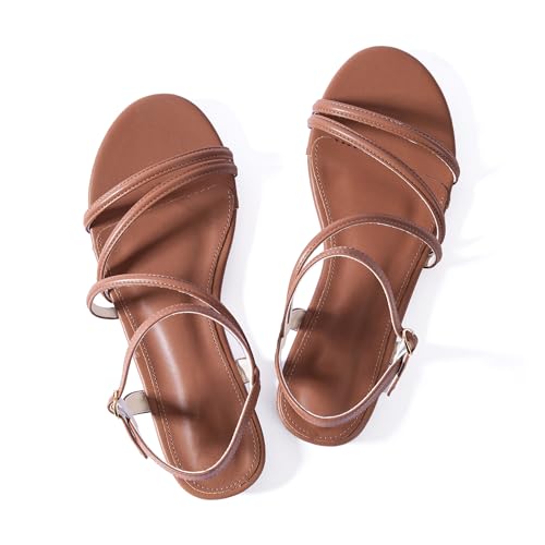 Image of Mtzyoa Women Flat Sandals Dressy Strappy Gladiator Summer Ankle Strap Nude Open Toe Comfortable Wedding Casual Leather Ladies Party Trendy Vacation