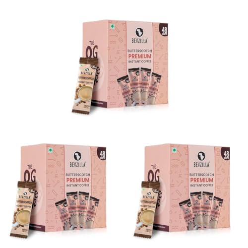 Image of Bevzilla 48 Instant Coffee Powder Sachets (Butterscotch) - 96 Grams| Hot & Cold Coffee| Makes 48 Cups|Arabica Coffee | Easy To Carry| Best For Espresso, Latte, Cappuccino (Pack of 3)