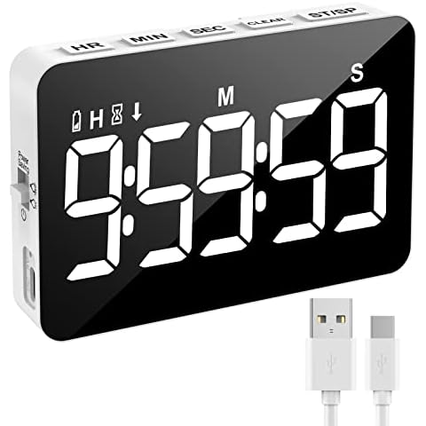Rechargeable Digital Kitchen Timer for Cooking, Magnetic Timers with Countdown/up, Kids Timer with 5”LED Display 3 Brightness 4 Volume Adjustable for Classroom/Office/Home/Work/Study/Fitness/Game Cover