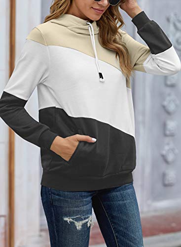 Diukia Women's Fashion Colorblock Cowl Neck Hoodie 2022 Casual Long Sleeve Drawstring Pullover Sweatshirt Tops With Pocket Beige S #TOP2