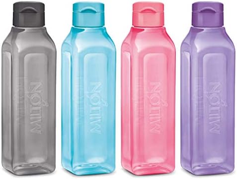 MILTON Sports Water Bottle Square Juice Box 4 Set 17 oz. Great for Juices Milk Smoothies Plastic Wide-Mouth Reusable Leak Proof Drink Bottle/Carton for School Bags Lunch Boxes Gym Flip Lid -BPA Free