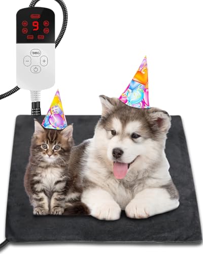 Heizmatte für Katze Hund, 30°C-60°C Temperatur & 4 Timing Einstellbar Haustier Heizkissen, Sichere Wasserdichte Heizdecke Katzen, Kaubeständigem Kabel Wärmematte, Innen Haustier Heizdecke, 45 X 45cm