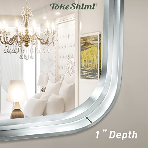 Tokeshimi 24 X 36 Inch Brushed Silver Bathroom Mirror For Wall Brushed Brass Metal Rounded Corner Rectangle Mirror Metal Frame Deep Set Design Hangs Horizontal Or Vertical #TOP4