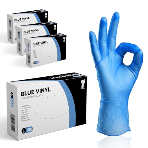 The Real Touch 100 Stück Einweghandschuhe L, Blau Vinylhandschuhe, Puderfrei und Latexfrei Einmalhandschuhe, Vinyl Handschuhe Einweg für Den Umgang Mit Lebensmitteln, Die Reinigung und Den