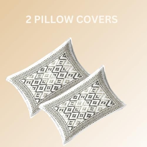 Image of Living Roots Ethnic Jaipur Block Print | Double Cotton Bedsheet & 2 Pillow Covers | for Mattress Upto 6 inches Thick, No Colour Bleeding | Grey, Off White King Size 90 * 108 inches, 144TC (610-C)
