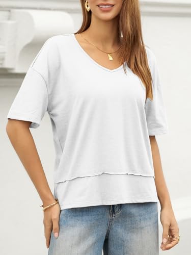 Image of UNCLECAT Womens V Neck T Shirts Summer Trendy Loose Fit Casual Tops Tees | Short sleeve, Spliced hem, Flowy graphic tees,Solid color cute basic t-shirts