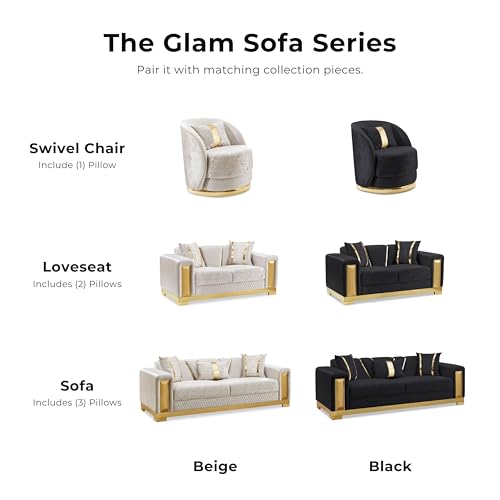 Image of Furniture of America Samison II Glam Solid Wood Upholstered Couch with Accent Pillows, Damask Pattern and Gold Base, Comfortable Sofa for Living Room, Bedroom, Office, Black