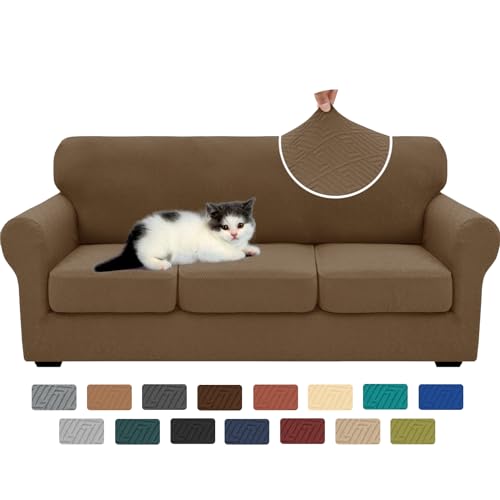 XINEAGE New 4 Pieces Couch Covers for 3 Cushion Couch Super Stretch Thick Soft Sofa Cover Anti Slip Sofa Slipcover Dogs Cats Furniture Protector (Brown, 71"-91")