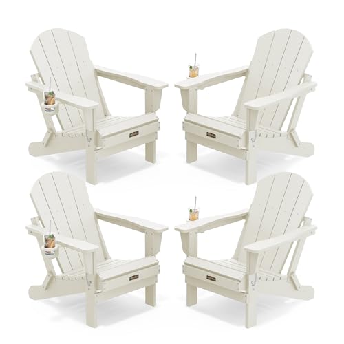 SERWALL Folding Adirondack Chair Set of 4 with Cup Holder for Patio Garden Outdoors Fire Pit Chairs-White