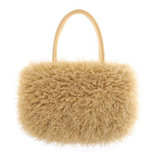 Image of Women's Fuzzy Tote Bag Curly Handbag Furry Shoulder Bag Large Plush Top Handle Purses Winter