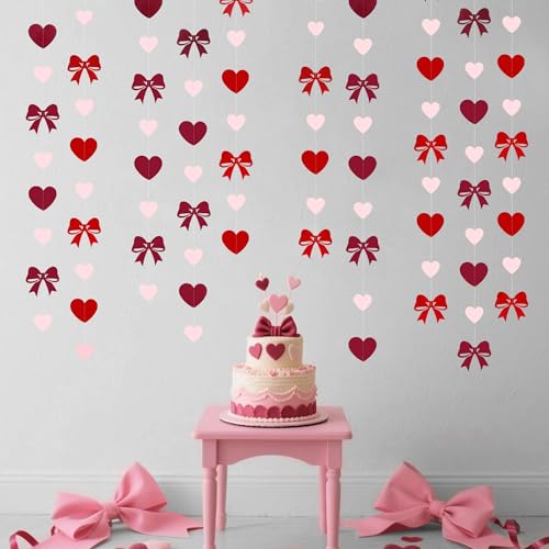 Image of Heart Bow Decorations Burgundy Red Pink Heart Bow Hanging Garland Streamer for Anniversary Birthday Valentines Bachelorette Wedding Baby Shower Bridal Shower Engagement Hen Party Decorations Supplies