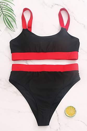 Zinpretty Women High Waisted Bikini Set Sports Color Block Swimsuit Scoop Neck Cheeky Bathing Suit #TOP4