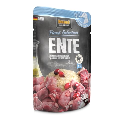 BELCANDO Frischebeutel [6x300g Ente mit Reis & Preiselbeeren] | Nassfutter für Hunde | Feuchtfutter Alleinfutter im Einzelportionsbeutel