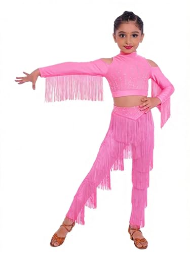 Costume danse latine fille avec plumes : haut rose et pantalon d'entraînement