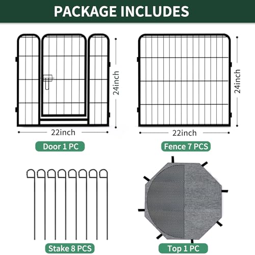 Image of PETIME Dog Playpen,Metal Exercise Puppy Pen Heavy Duty Kennels Yard Fence Indoor /Outdoor 22 inch W x 24 inch H 8 Panels Dog Cage with Octagon Top Cover