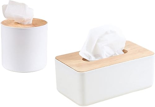 Paquete de 2 soportes rectangulares y redondos de madera para caja de pañuelos de bambú duro, caja dispensadora de pañuelos faciales, caja
