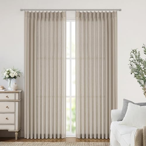 Image of Vision Home Sand Pinch Pleated Semi Sheer Curtains Textured Linen Blended Light Filtering Window Curtains 95 inch for Living Room Bedroom Patio Pinch Pleat Drapes with Hooks 1 Panel 60 inch Wx95 L