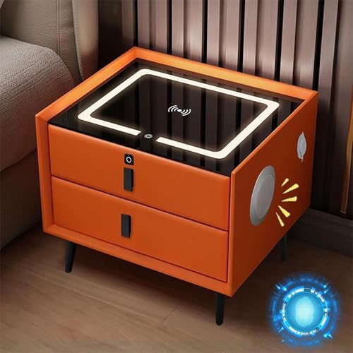 Mesita de Noche Inteligente con Base de Carga, Altavoz Bluetooth y Cerradura con Huella Dactilar. Moderna Mesa Auxiliar con Luces LED de 3 Colores y Mueble de Almacenamiento con 2