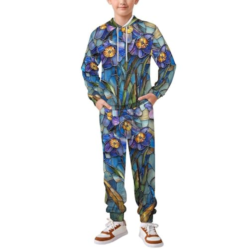 Boys Girls Pullover Hoodie and Pants Outfit 2PCS Set Sweatshirt for Kids, Bluebell Stained Glass Art
