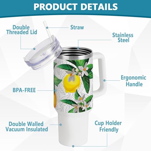 GuoChe Caneca de café com estampa de limão dourado em branco 1,134 g com tampa e canudo grande garra