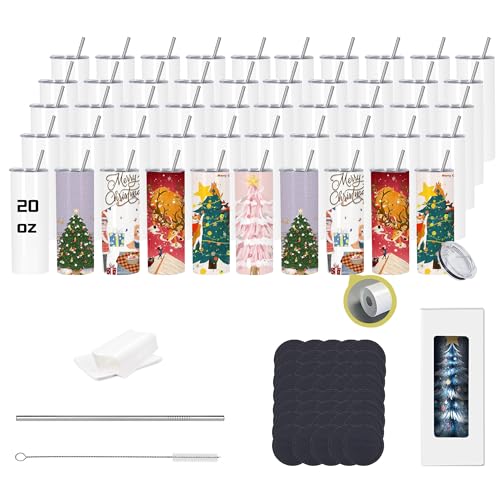 Stvyar 20oz Flat edge sublimation tumblers ，White skinny insulated Sublimation tumbler Straight Cups with Individual Gift Box, Silicone Bottom Polymer Coating for Heat Transfer (50, white)