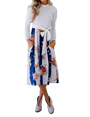 Women's Long Sleeve Floral Patchwork Crew Neck Casual Tie Dresses with Pockets, Blue, Size XL