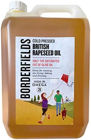 Borderfields Natural Extra Virgin Cold Pressed British Rapeseed Oil High in Omega 3. Use for Roasting Frying Baking drizzling and dressing Gluten free and vegan friendly Large 5 Litre catering pack