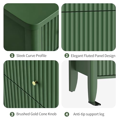 Image of Fatmok Fluted 3 Drawer Dresser for Bedroom, 34 inch Wide Chest of Drawers, Modern Wood Nightstand End Table with Metal Handles, Striped Storage Cabinet for Living Room, Hallway, Entryway, Green