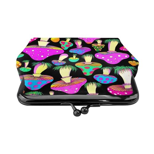 Coin Purse For Women Neon Mushrooms Pattern Purple (1) Faux Leather Coin Purses With Kiss Lock Change And Coin Wallet Double Clasp Closure Mini Purse For Cash, Coin, Key2