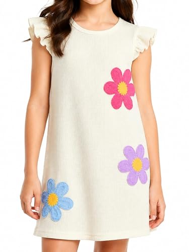 Ecolala Girls Waffle Knit Dresses Retro Daisy Flutter Sleeve Sundress Summer Beach Shift Dress White 11-12 Years