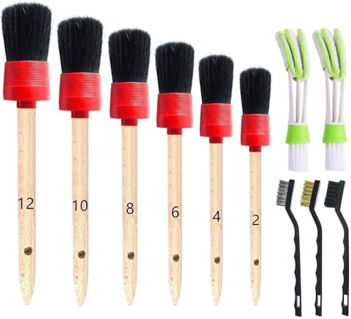 Nurkul 11Pcs Auto Detailing Set, Boar Hair Brushes, Steel Wire & A/C Brushes, Red, Soft Bristles,...