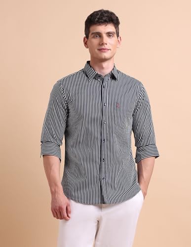 Image of U.S. POLO ASSN. Men Cotton Modal Vertical Striped Tailored Fit Shirt