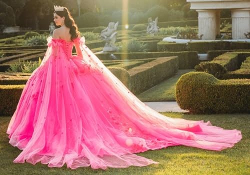 Glitter Beaded Quinceanera Dresses with Cape Princess Flowers XV Dress Puffy Ball Gown with Train YU0152