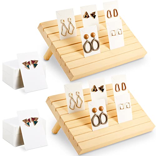 Marsui 62 Pcs Wood Earring Display Stand Earring Card Display 2 Sets of Holder with Cards Jewelry Stands for Selling(Wood Color)