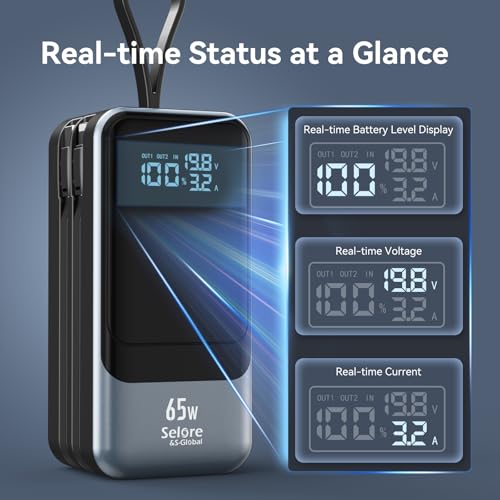 65W Power Bank for Laptop, 18400mAh Fast Charging Portable Charger, Battery Pack with Dual Built-in USB-C & Lightning Cables, LCD Display Travel Chargers for MacBook/Dell XPS/iPad/iPhone 15/Samsung - image 6