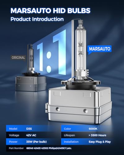 Image of Marsauto D3S HID Bulbs, 6000K Cold White, Xenon D3S HID Bulb, 3500 Hours Longevity, Waterproof Design, 5 Minutes Installation, Pack of 2