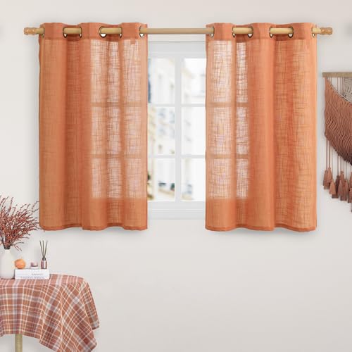 Image of LAMIT Burnt Orange Linen Curtains 40 Inches Long for Windows, Bronze Grommet Semi Sheer Privacy Panels Light Filtering Boho Farmhouse Neutral Drapes for Bedroom /Living Room, 34 x 40 Inch, 2 Panels