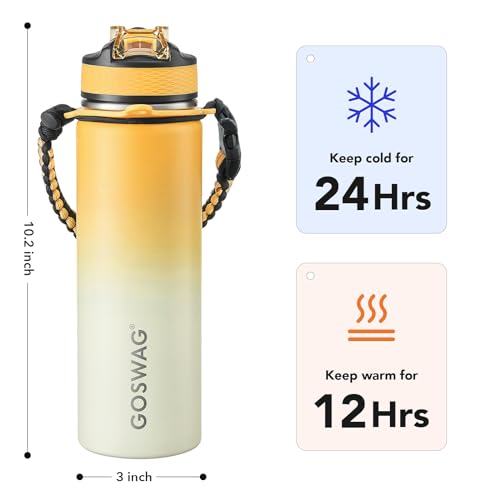 Image of GOSWAG 24oz Insulated Stainless Steel Travel Water Bottle, 2 Lids | with straw and no straw, Paracord handle, Double-wall vacuum keeps drinks cold or hot, Leakproof tumbler