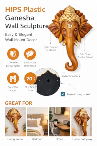 Image of REMANENCE Lord Ganesha Wall Hanging Sculpture | HIPS Plastic Wood Finish Ganesh Wall Sculpture | Wall Mount Decorative Idol for Home, Office, Temple Decor (20 x 15 x 5 Inch)