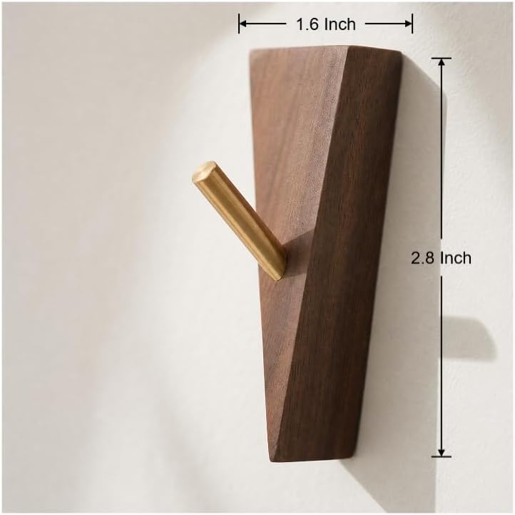 Mid Century Modern Wood Wall Hooks - Decorative Adhesive Coat Hooks with Brass Pegs Heavy Duty Punch Free Towel Hanger for Bathroom Entryway, 2 Pack