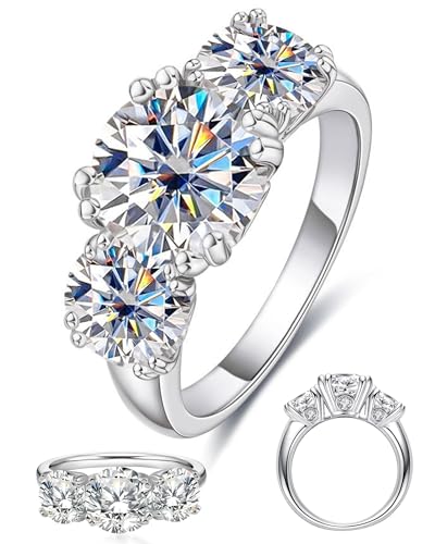4 Carat Moissanite Rings for Women Three Stone Moissanite Engagement Ring 14K White Gold Plated Promise Ring for Her Round Brilliant Cut Anniversary Wedding Ring Trilogy Jewelry D Color VVS1 (Silver 7)