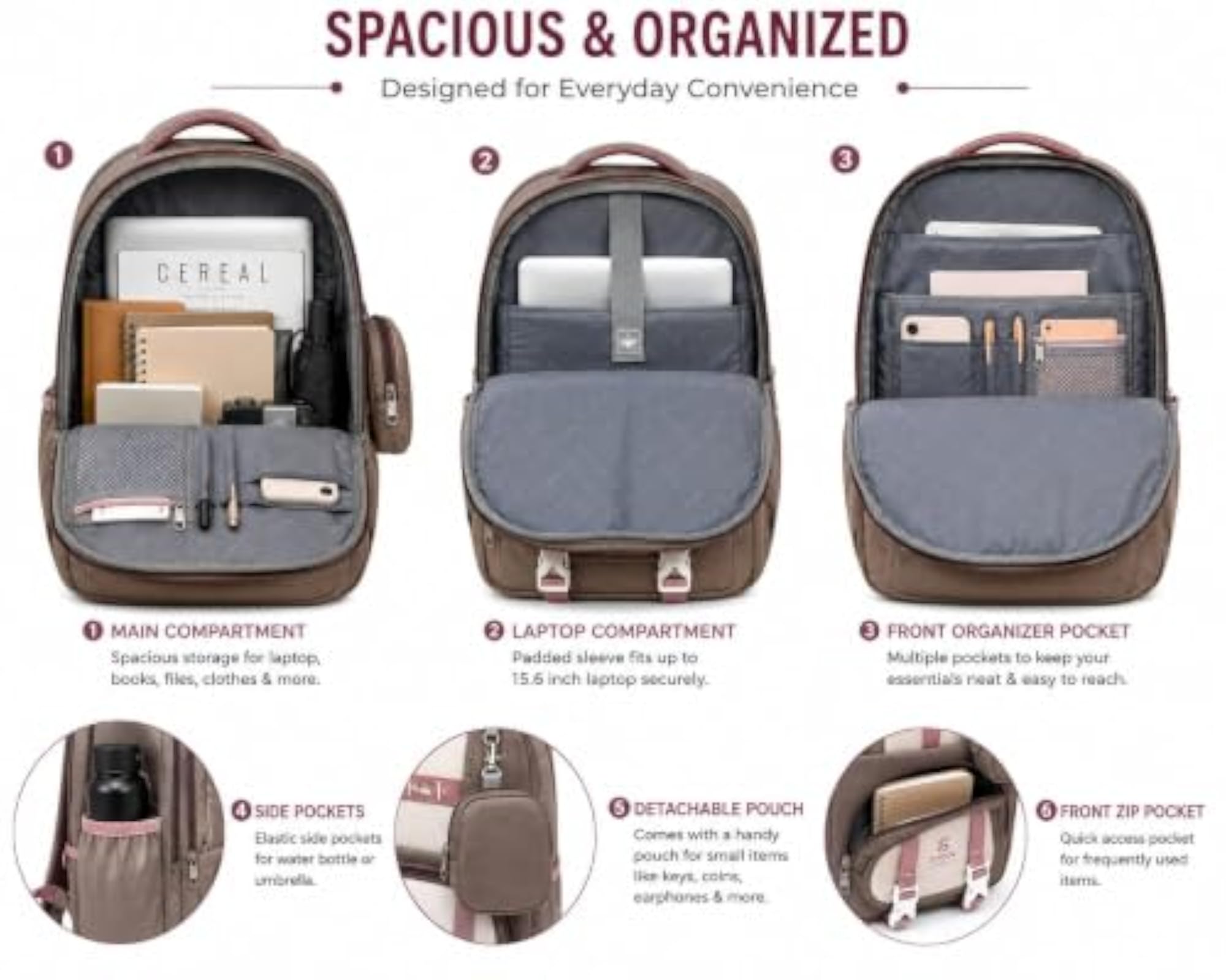Girls' Stylish Laptop Backpack, Multi-Compartment