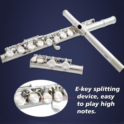 Image of flute 16-hole closed-hole C-tone nickel-plated, beginner to play graded flute, with box and cleaning kit.