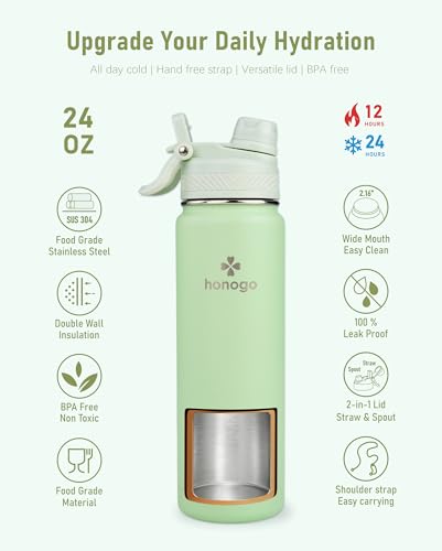 Botella de agua aislada de 24 oz con correa para el hombro, termo de acero inoxidable con tapa 2 en 1 de pajilla y pico, frasco de agua de moda para mujeres y niñas. Mantiene frío 24H / calor 12H, libre de BPA (Verde lima, 24 oz) miniatura 2